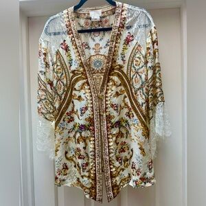 CAMILLA OLYMPE ODE BAROCCO PRINT SILK BELTED KIMONO TUNIC COVERUP TOP w LACE